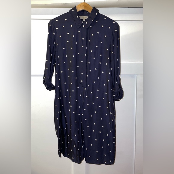 HOBBS LONDON // “Marci” Polka Dot Navy Blue Pullover Shirt Dress roll-up sleeves - Picture 2 of 11